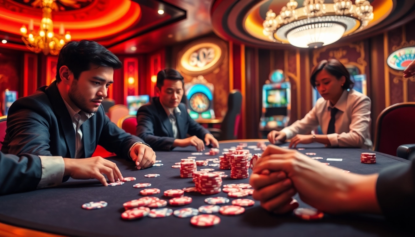 Engaging players in đánh bài đổi thưởng at a luxurious casino table, showcasing vibrant cards and chips.